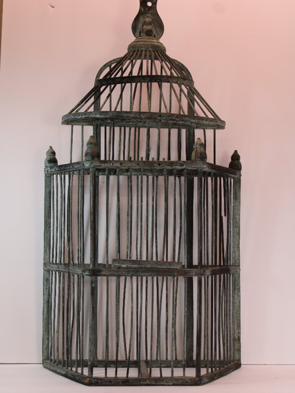 Vtg Victorian Wooden Domed Birdcage 24x12" Complete w Finneal Hangs Shappy Chic